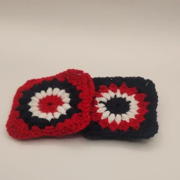 Handmade Crochet Red, White & Blue Acrylic Granny Square Patriotic Coasters - Picture 5 of 7